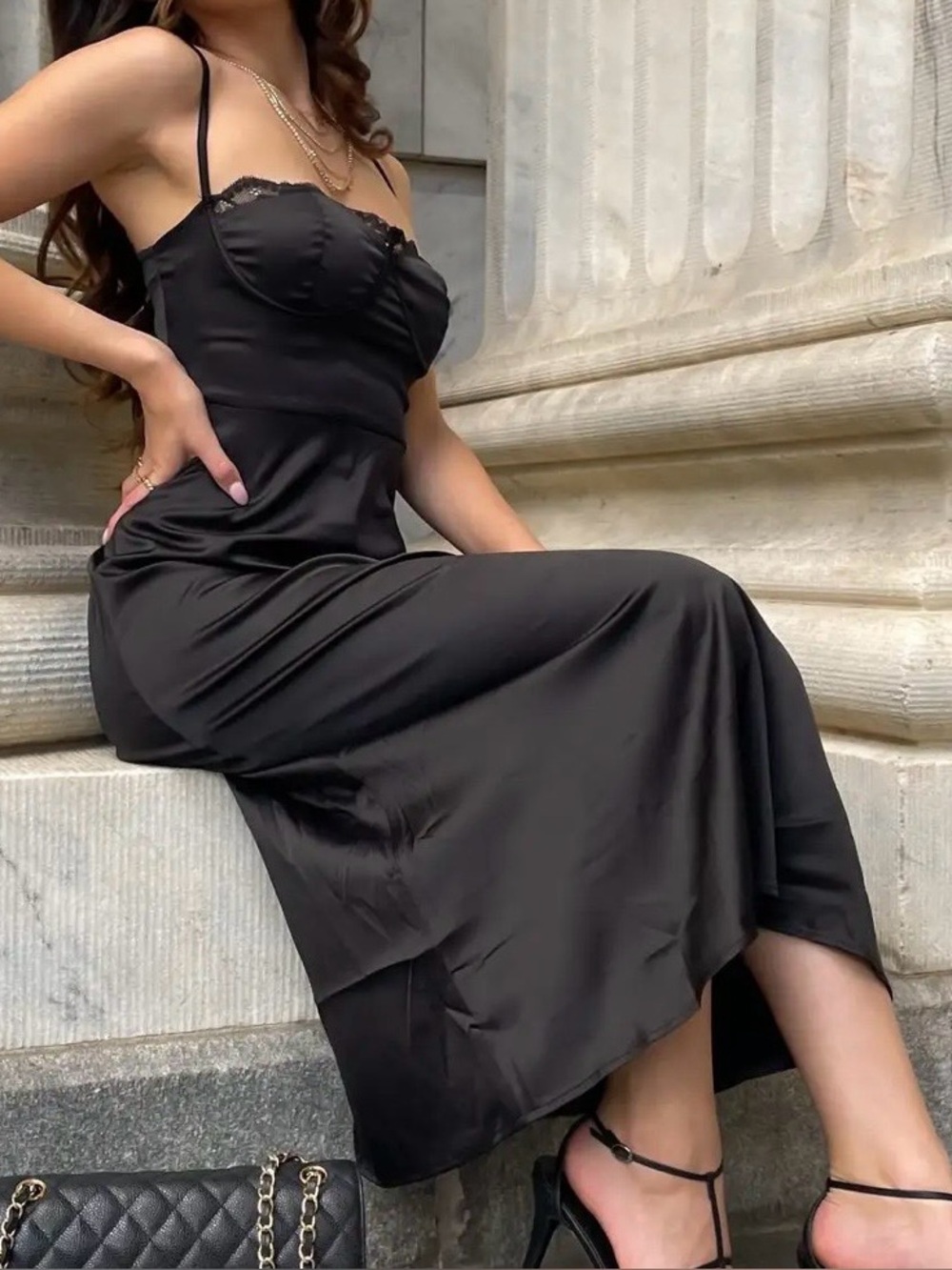 Cider Black Satin Midi Slip Dress with Lace Trim